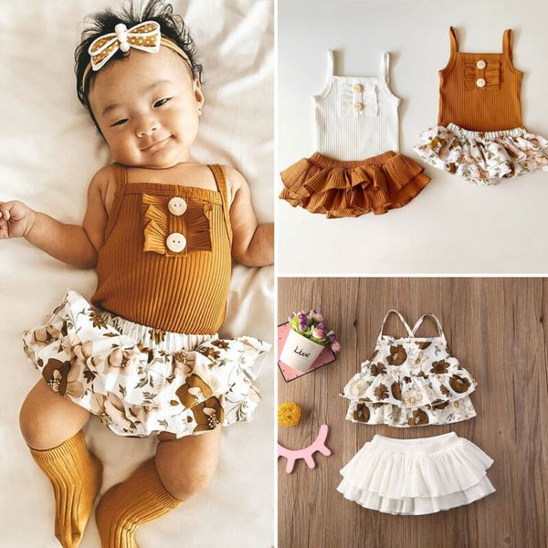 

pudcoco infant newborn sleeveless sling bodysuits tutu skirt 2pcs summer outfit clothes child girl set sunsuit 0-24m, White