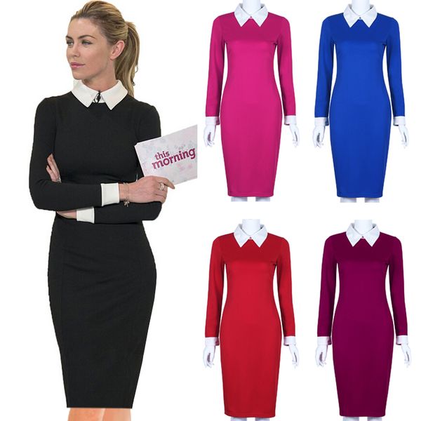 

Black Office Dresses Women 2018 Autumn New Arrivals Fashion Long Sleeve Pencil Dress Ladies Casual Work Dress With White Collar