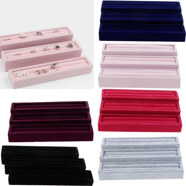 

3pcs velvet slots ring trays showcase display jewelry holder box long case, Pink;blue