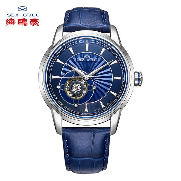 

sea-gull business watches men's mechanical wristwatches blue simple 30m waterproof leather buckle silver gold male watches 1014k, Slivery;brown