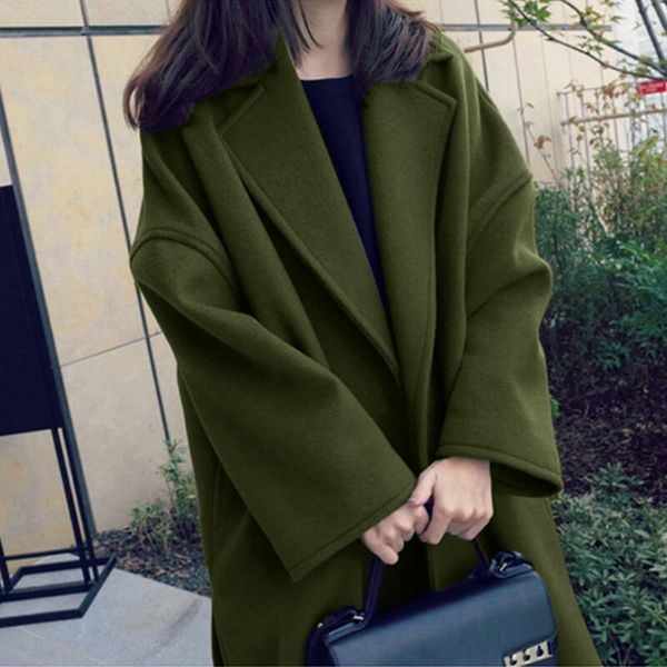 

womens winter lapel wool coat trench jacket long sleeve overcoat outwear, Black