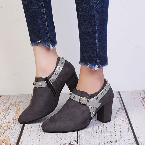 

oeak women ankle boots fashion casual ladies shoes suede leather buckle boots high heeled zipper pumps shoes for femme, Black