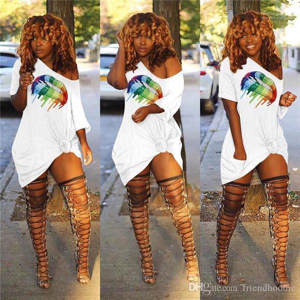 

mouth printed casual dress color lip women summer dresses one shoulder loose dress with pocket, Black;gray