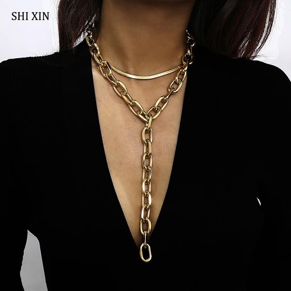 

shixin punk long tasse thick chain chunky necklace statement hip hop cuban link chain layered necklaces for women chokers collar, Silver