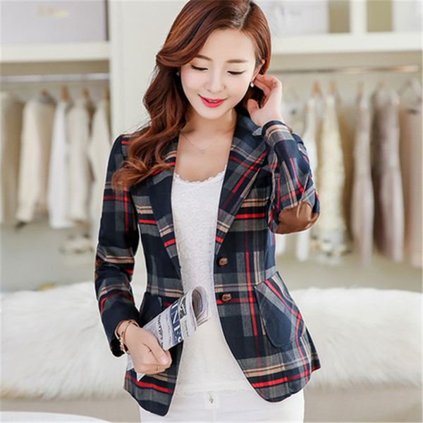 

осень хлопка куртки способа высокого качества женщины plaid blazer повседневная одежда с длинным рукавом пальто женская одежда женская top п, White;black