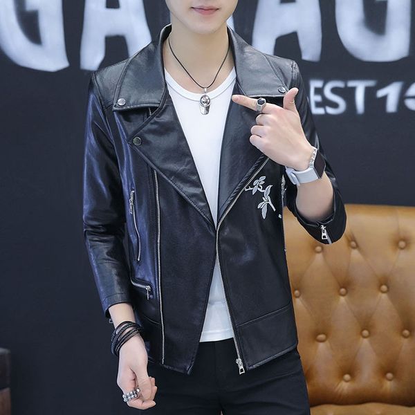 

leather coat men's coat thin type for spring and autumn short handsome men's wear youth locomotive trend korean-style slim fit p, Black