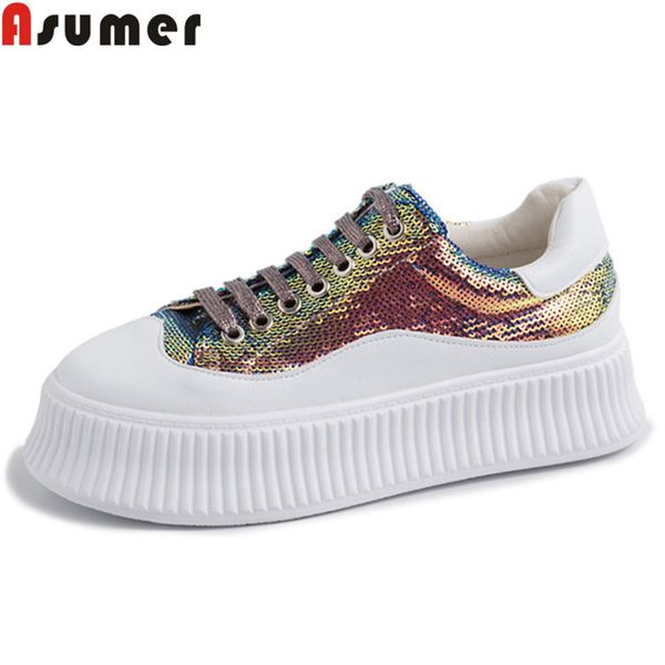 

asumer 2019 new shoes woman lace up bling+cow leather shoes female casual flats women comfortable flat platform sneakers women, Black