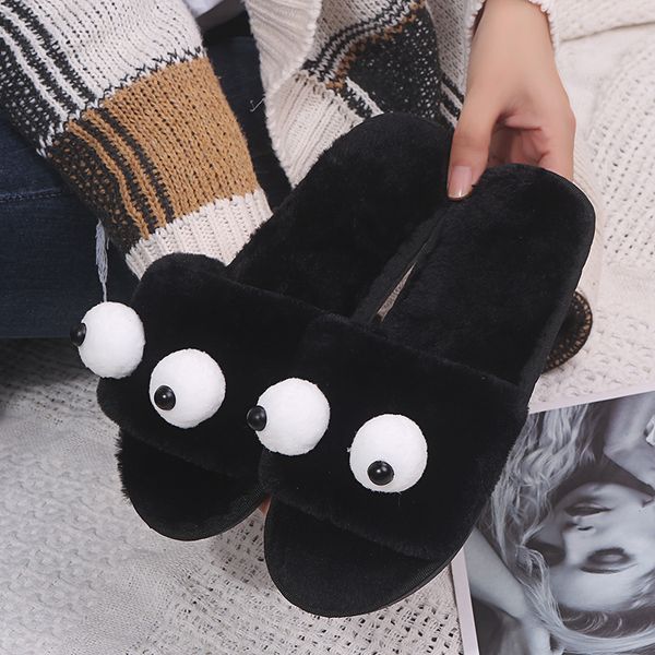 

nice summer autumn new women indoor slippers flat heels plush eye shoes woman college girls faux fur daily lovely slippers, Black