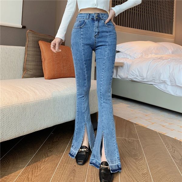 

elegant high-waist split micro-horn jeans womens fashion net red slim slimming elastic mopping pants pants tide, Blue