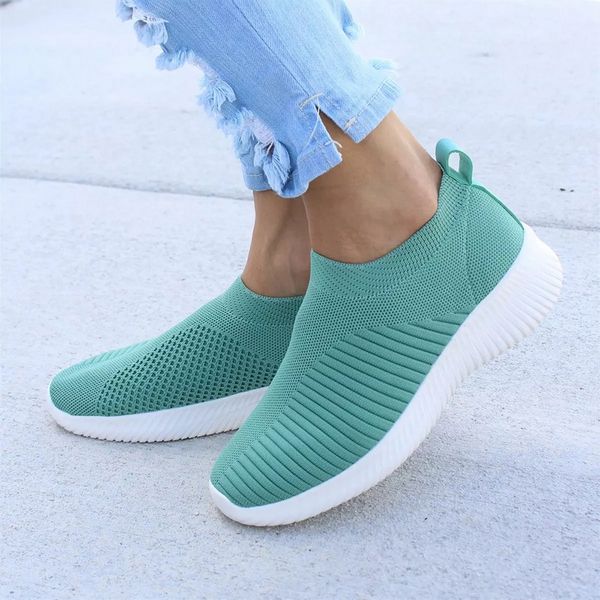 

monerffi women knitted vulcanized flat shoes slip on sock air sneakers flat casual breathable mesh sneakers plus size 2019, Black