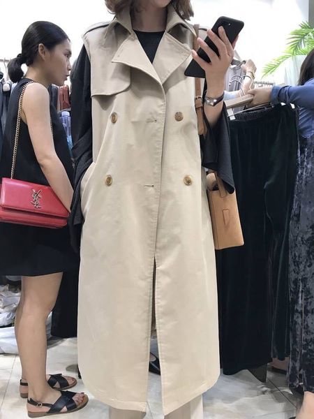 

women autumn vest coat lady wear long waistcoat notch collar double breasted sleeveless solid color vest jacket, Tan;black