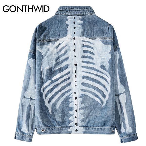 

gonthwid graffiti skeleton bones print denim jacket streetwear men hip hop punk rock denim jean coats fashioin casual jackets, Black;brown