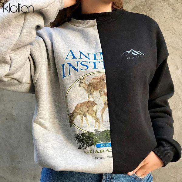 

kl alien black gray color mixing stitching half different print women pullover 2020 spring loose casual streetwear sweatshirts