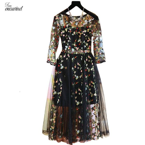 

summer plus size mesh embroidery women dresses eleganr casual evening party dress o neck vestidos mujer, Black;gray