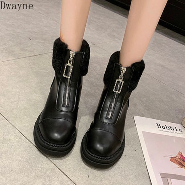 

front zipper skinny boots 2020 autumn and winter new women's wild plus velvet british wind booties, Black