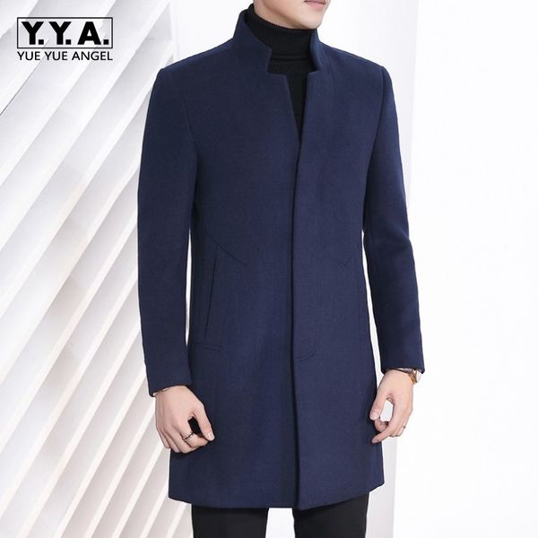 

2020 new fashion business casual mens woolen blends long coat stand collar slim fit trench winter outwear overcoat plus size 4xl, Black