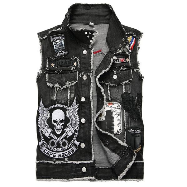 

xiu luo 3xl дизайнер punk байкер mens жан жилет skull cowboy прохладное лето жилет рукавов шинели automotive vest 2019, Black;white