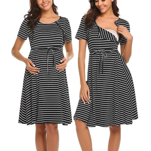 

maternidad ropa women maternity short sleeve stripe nursing nightdress breastfeeding dress vestidos embarazada abiti premaman, White
