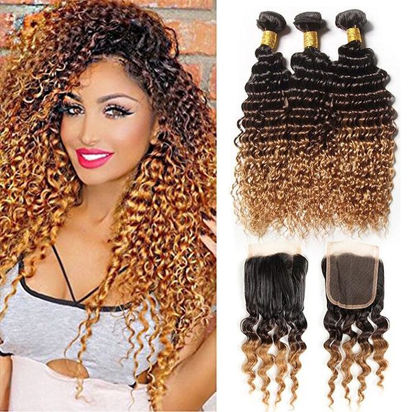 

Peruvian kinky curly virgin hair with clo ure ombre 3 bundle human hair weave with lace clo ure 20 clo ure with22 24 26 1b 4 27