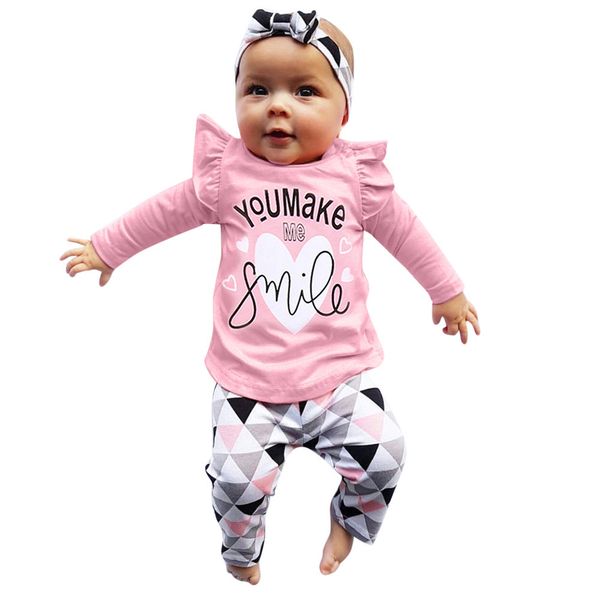 

newborn toddler fashion infant baby girls clothes set letter print o-neck flare sleeve geometric pants outfits set, White