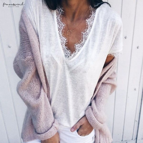 

женская мода повседневная коротким рукавом свободные кружева топы и блузы элегантный basic harajuku рубашка tee femme v шеи blusa feminina, White