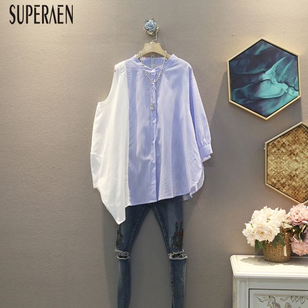 

superaen 2020 лето новый корейский стиль рубашки женская мода дикий хлопок повседневные женские блузки и топы полосатая женская одежда, White