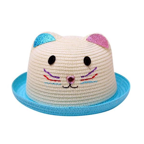 

kancoold children's straw hat hat boys and girls cartoon cat pearly ears color matching cuffed flanging sunscreen beach, Yellow
