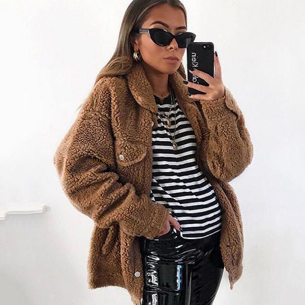 

2019 new winter simplicity plush solid color keep warm single breasted jacket lady lapel slim fit long sleeve fashion coat woman, Black;brown