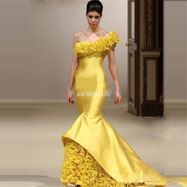 

новый дизайн желтый русалка театрализованное вечернее платье одно плечо ручной работы цветок длиной до пола вечерние платья русалка атласное, Black