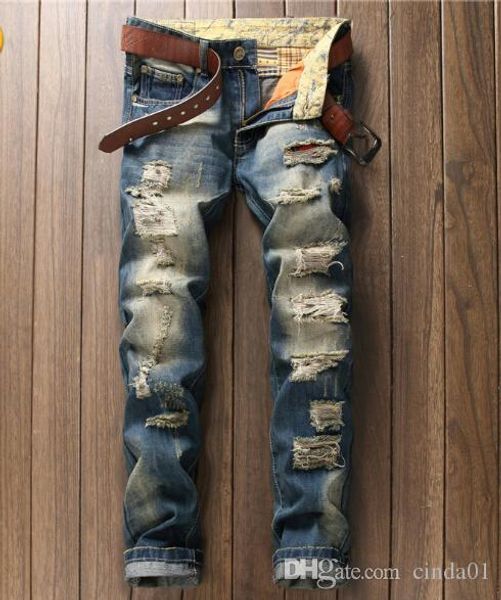 

европейский стиль мужские джинсы дырки вымотать джинсы мужские повседневные досуг джинсовой длинные брюки светло-голубой, Blue