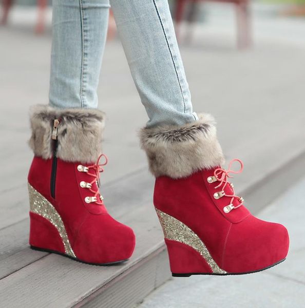 

women shoes woman ankle booties sequined platform wedge high heel fur boots size 33 to 42 43, Black