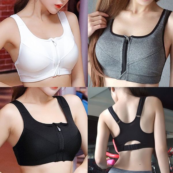 

women anti- front zipper sports bra breathable yoga running gym fitness vest back underwear clothes, Black;white