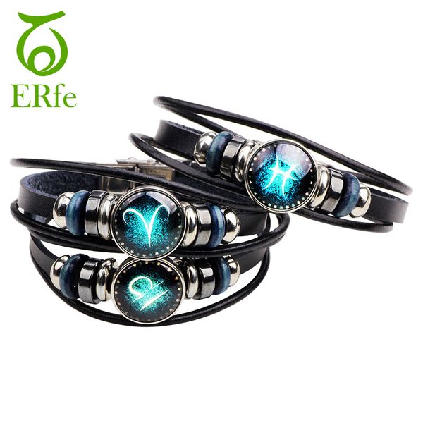 

er aries pisces gemini cancer taurus bracelet 12 zodiac signs constellations men leather wrist strap band leo jewelry lb020, Golden;silver