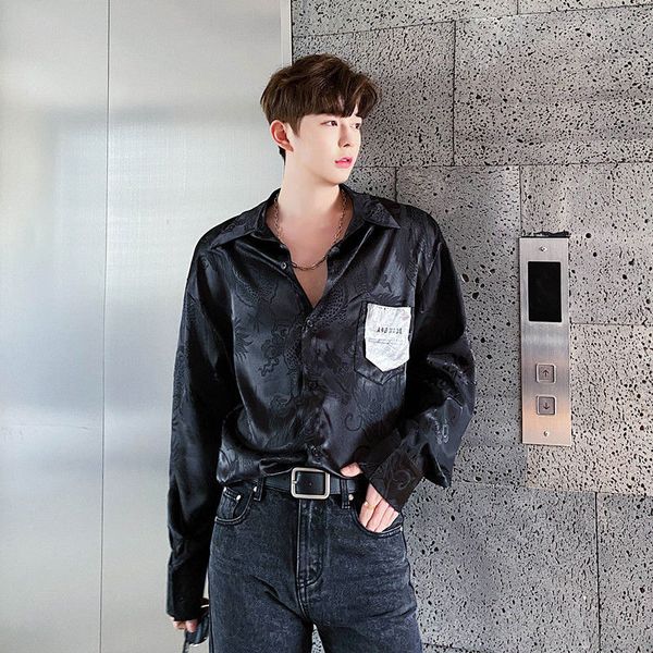 

men's shirt 2020 spring new slim dragon embroidery embroidered shirt loose casual lapel personality youth men's wear, White;black