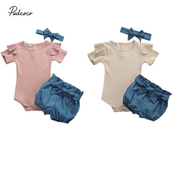 

2020 infant baby girl clothes summer new kids sunsuit ruffle romper bow pants headband 3pcs set for infant baby, White