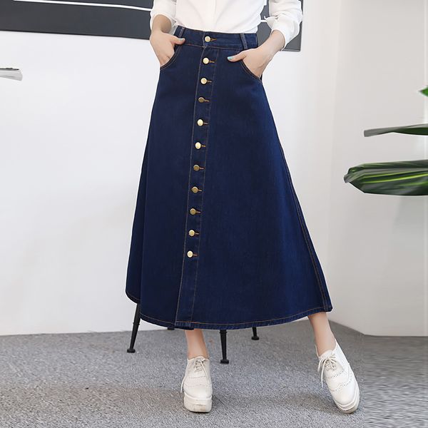 

with button female high waist skirts fashion denim skirt women a line long summer clothes woman blue jeans skirt loose, Black
