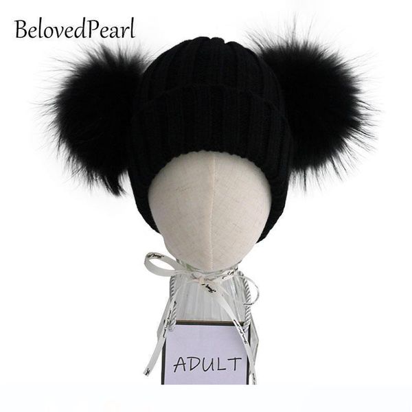 

взрослые double мехового pompon зимние шапки для женщин полушерстяных трикотажных мужских шляп и шапок, Blue;gray