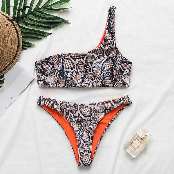 

snake print bikinis 2019 mujer one shoulder swimsuit female push up bandage swimwear women high cut bathing suit biquini