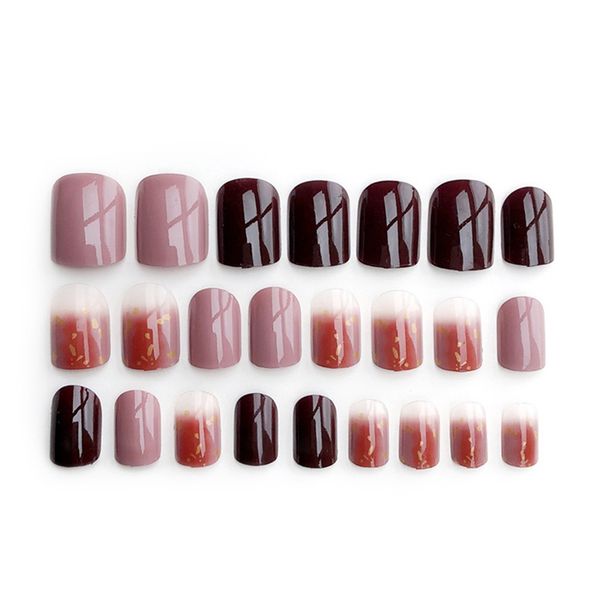 

24pcs nude nail-finished matte frosted and elegant medium and long length bright fake nail patch artificial nails, Red;gold
