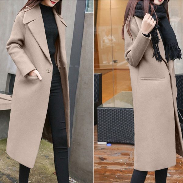 

autumn winter women long wool coat solid simple lapel button long wool coat jacket sleeve female overcoat outwear, Black