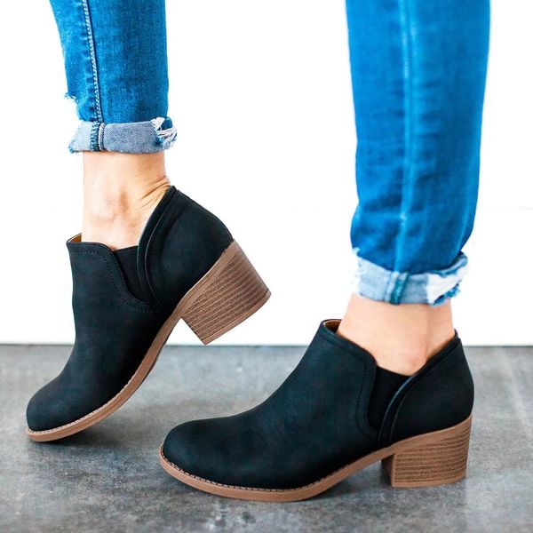 

brand women winter boots slip on women causal ankle boots platform shoes woman square heels rubber flats plus size 35-43, Black