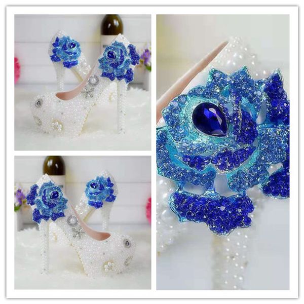 Perlen Blumen Hochzeit Schuhe Blau Diamant Rose Pumps High Heels Brautschuhe 14cm Bling Bling Prom Schuhe für Dame