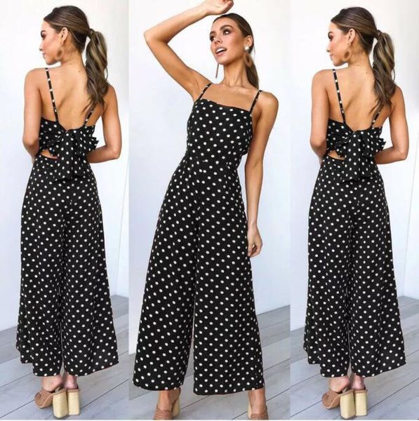 

2019 summer women wide leg jumpsuit casual polka dot long high waist jumpsuit bow spaghetti strap backless, Black;white