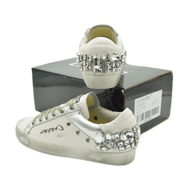 

cangma casual shoes brand sneakers women silver diamond white flats genuine leather shoes crystal trainers y200320, Black