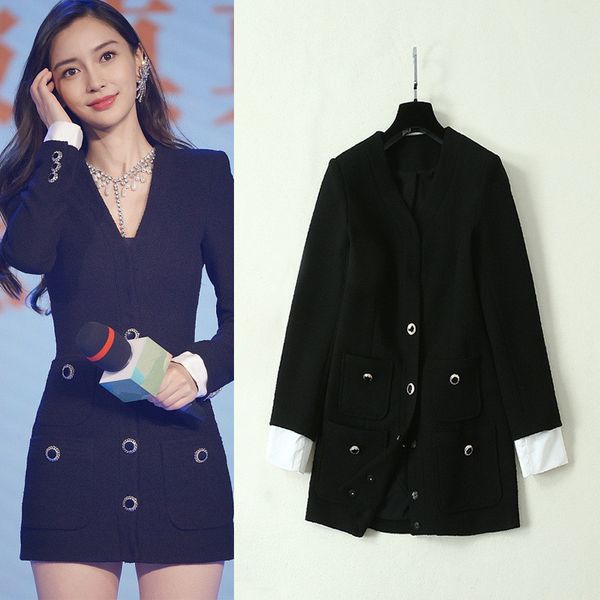

new 2019 fall women's v-neck coat chic slim fit pockets jackets a601, Black