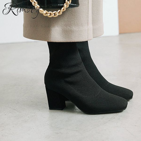 

rimocy трикотажных 2019 моды весны носка сапоги дамы квадратный высоких каблуков женщина середина икра ботинес mujer скольжение на botas y20, Black