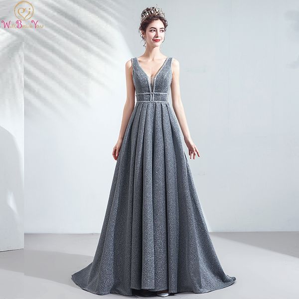 

silver evening dresses 2019 a line reflective fabric beaded pleats v neck vestidos de noche elegantes prom gown walk beside you, White;black