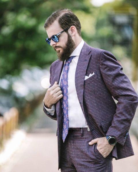 Alta Qualidade Roxo Xadrez Ternos Dos Homens 2 Peças de pico Lapela Casamento Smoking Moda Noivo Desgaste Blazer Terno (Jaqueta + Calça)