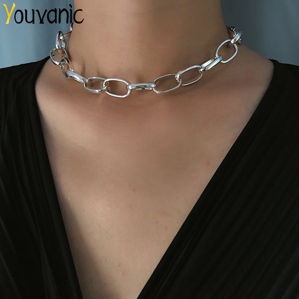 

youvanic fashion hip hop thick curb chain choker necklace for women punk aluminium hollow chunky chain necklace neck collar 2384, Golden;silver