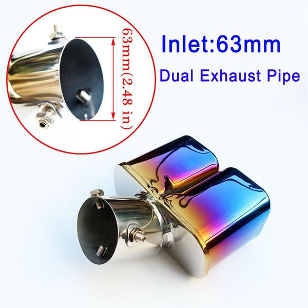 

blue 2.5" 63mm caliber dual outlet exhaust pipe rear muffler tailpipe tip cover trim car exterior accessories stainless steel